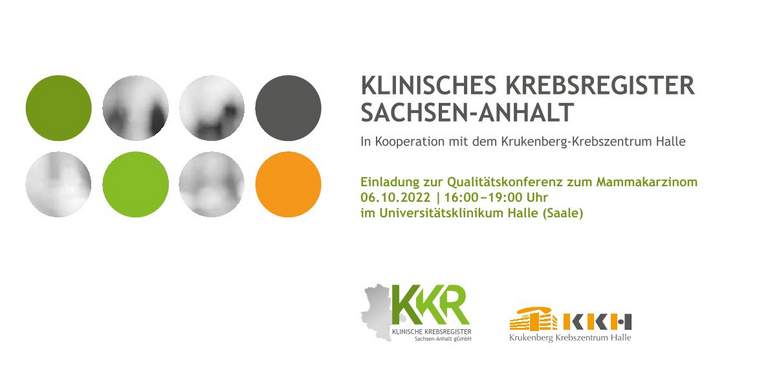 Einladungskarte zur Qualitätskonferenz in Halle mit den Logos des Veranstalters Klinisches KRebsregister und dem Kooperationspartner Krukenberg-Krebszentrum