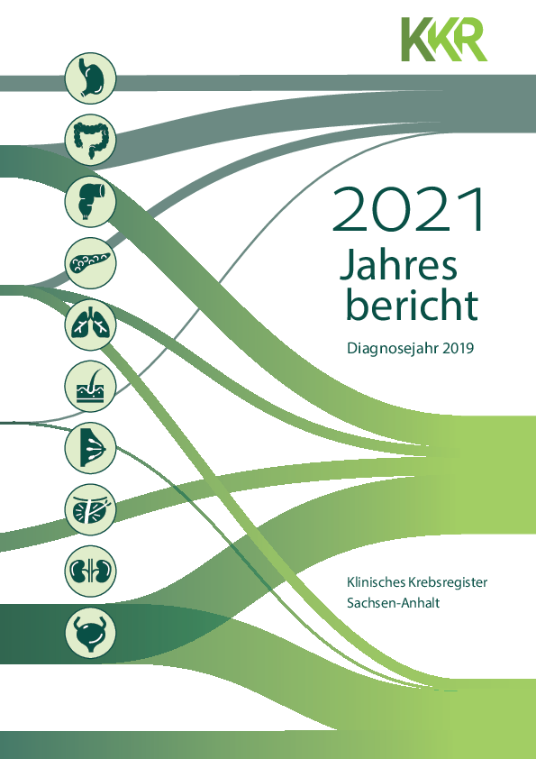 Sie sehen den Jahresbericht aus dem Jahr 2021, Diagnosejahr 2019.  Auf der Titelseite des berichts sind alle wichtigen Organe symbolhaft dargestellt.