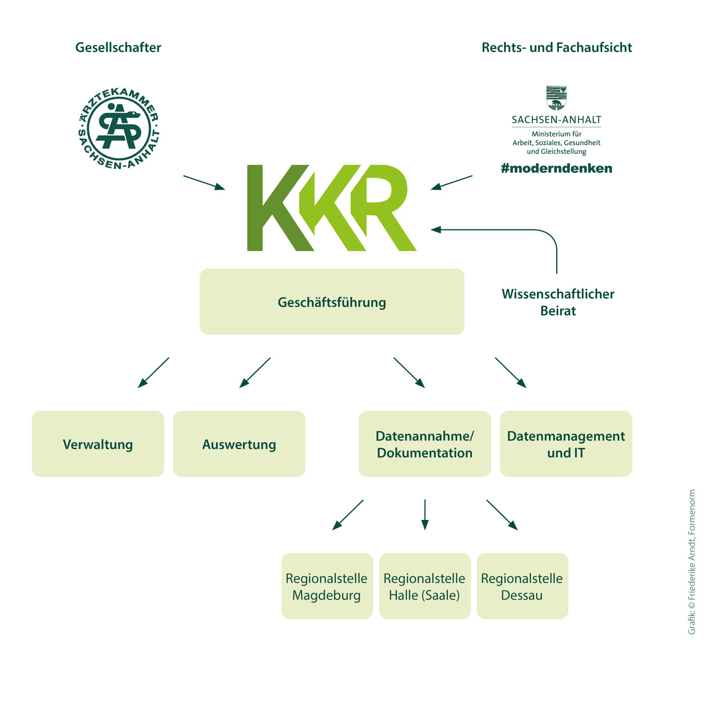 Zu sehen ist die Struktur des KKR-LSA. Die Ärztekammer Sachsen-Anhalt ider der Gesellschafter des KKR-LSA und das Ministerium für Arbeit, Soziales, Gesundheit und Gleichstellung  verfügt über die Rechts- und Fachaufsicht. Zudem gibt es einen Wissenschaftlichen beirat. Das KKR-LSA setzt sich aus der Geschäftsführung und folgenden 4 Abteilungen zusammen: Verwaltung, Auswertung, Datenmanagement/IT und Datenannhme/Dokumentation. Letzteres teilt sich in die Regionalstellen Magdeburg, Halle (Saale) und Dessau auf.