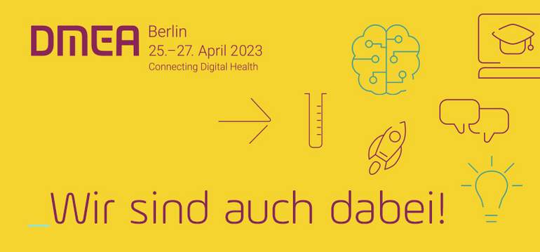 Es wird das Logo dargestellt: DMEA Berlin 24. - 27.04.2023. Lila Schrift auf gelbem Hintergrund. 