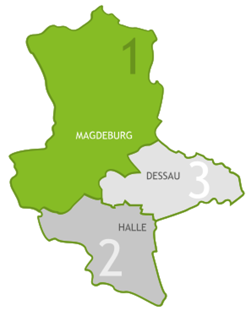 Sachsen-Anhalt Karte unterteilt in 3 Regionen, Markierung 1: Region Magdeburg